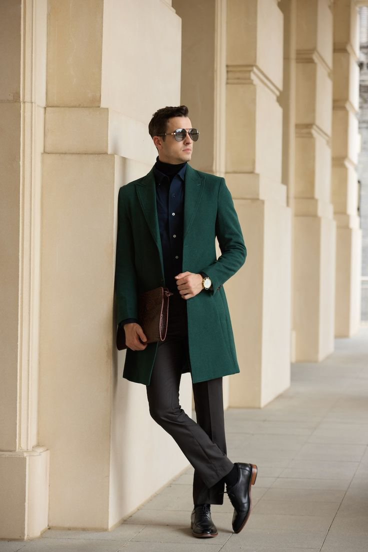 Men's Wool Coat Winter Trench Long Coat With Pockets 2773 - 4XL _ Green